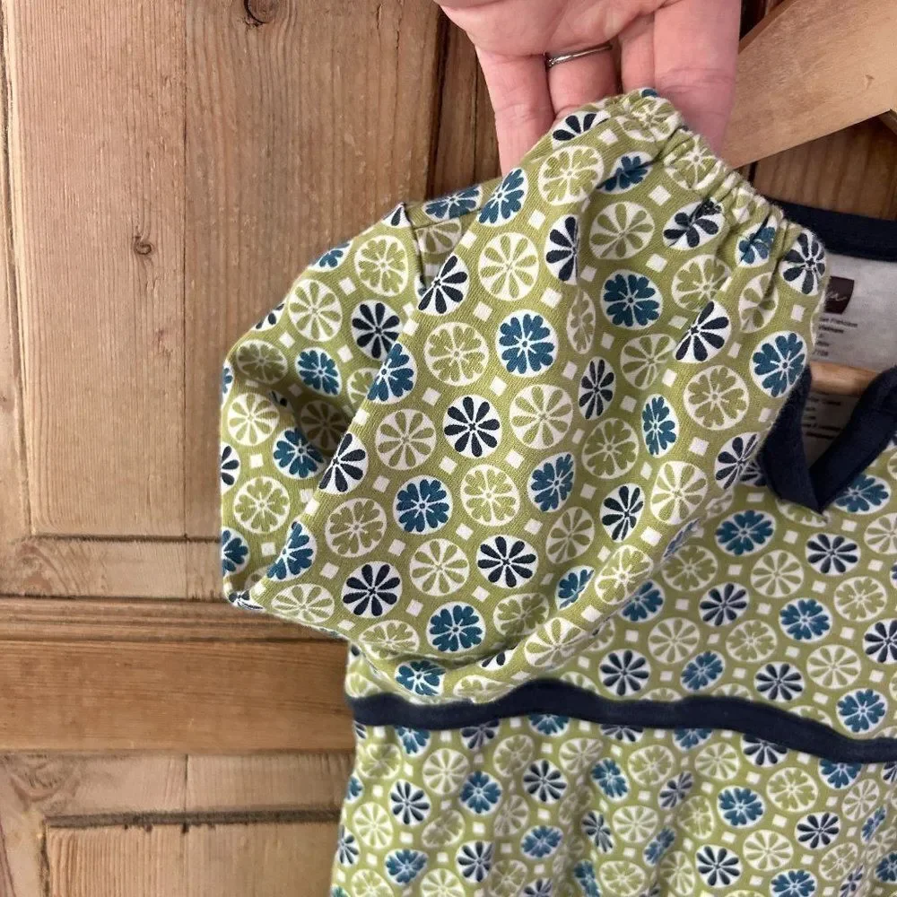 Tea Collection Girls Size 3 Green Blue Circle Floral Print Long‎ Sleeve Dress